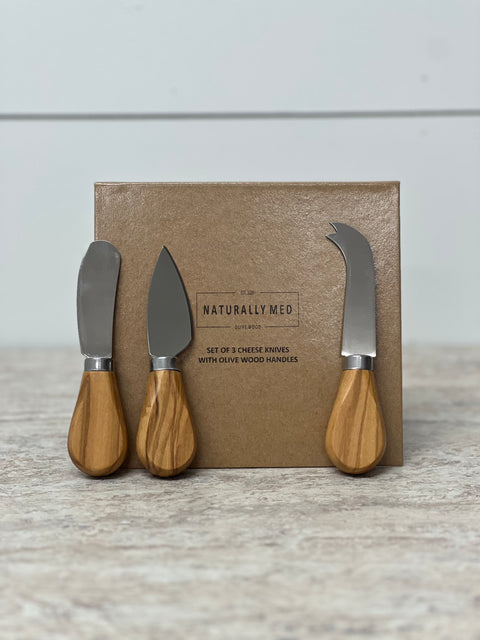Naturally Med Olive Wood 3 Mini Cheese Knifes In Box
